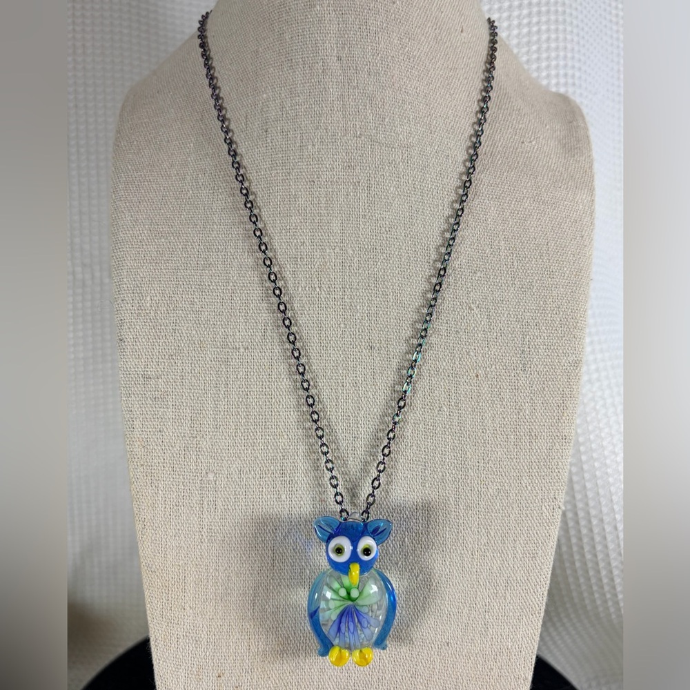Glass Blue Owl Pendant Necklace